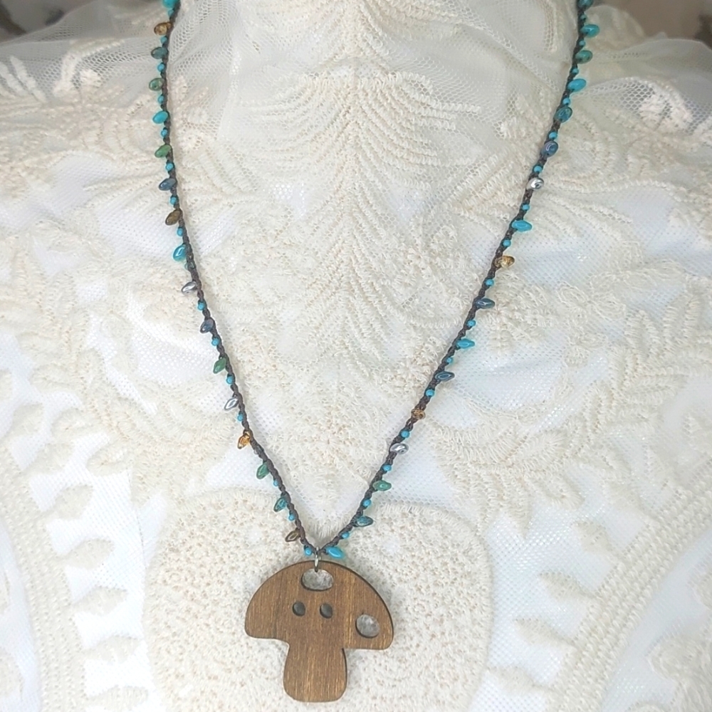 Bohemian Beaded Mushroom Necklace Artisan Made by Rust Belt Raised